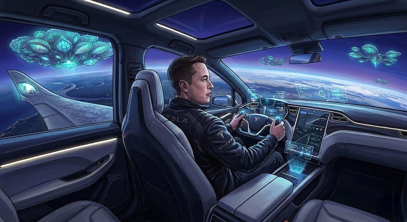 Riding backseat in flying SUV with Elon Musk driving